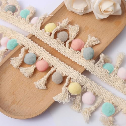 Duories 2 Yards Bunt Pomponborte zum Basteln,Dekoband Mit Pom Poms Bommelborte Dekoband Bommelband,Pomponband Fransenborte Fransenbordüre Fransenband Zierband Dekoborte Pompons Borte zum Nähen,Bunt