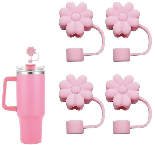 YAISUHCHNYE 4 PCS Flower Straw Covers Cap Reusable Silicone Straw Caps Dust-Proof Straw Tips Protectors Mini Straw Covers for Cups 10mm/0.4in Straws (Pink)
