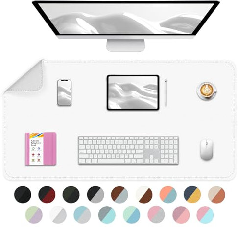 Dual Sided Desk Pad, Large Desk Mat, Waterproof Desk Blotter Protector Mouse Pad, PU Leather Desk Pad Large for Keyboard and Mouse -80cmx 40cm, White+Slivery