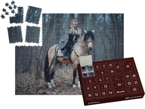 puzzleYOU: Puzzle-Adventskalender | „Wikinger Kriegerin auf ihrem Pferd im dunklen Wald“ – aus der Puzzle-Kollektion Fantasy