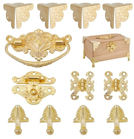 NICENEEDED Antikes Verschluss-Scharniere-Eckschutz-Set mit Griff für Schmuckkasten, Gold Beschläge Set zum Selberbauen von Holzschmuckkisten & Aufbewahrungsboxen