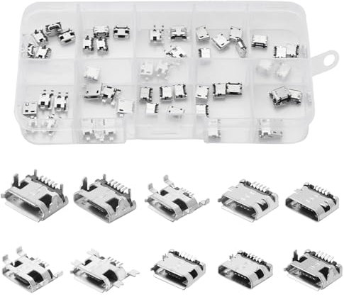 HENGBIRD 50 Pièces Micro USB A Souder Femelle 10 Odèles 5pcs de Chaque Type de Connecteur USB Set pour Connecteur Electronique I'équipement