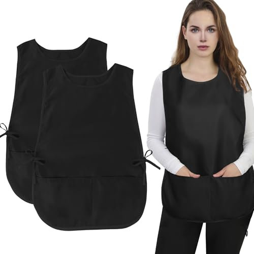 NiCola Tabards for Women with Pockets 2 pack, Womens Work Tabards, Tabard Aprons for Women with Pockets, Adjustable Tie Closure Drawstring, for Kitchen Cleaning, Elderly Carer, Beauty (BLACK)