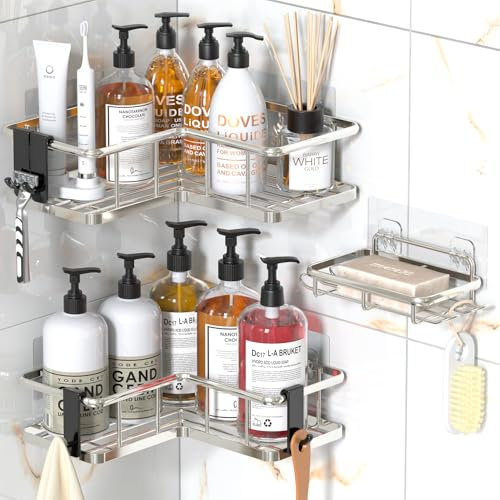 YASONIC 3-Pack Minimalist Modern Silver Shower Caddy, L-Shape Rust Resistant Scratchproof Strong Adhesive Reinforced Frame Large Capacity Corner Shower Organizer with Soap Holder and 4 Removable Hooks