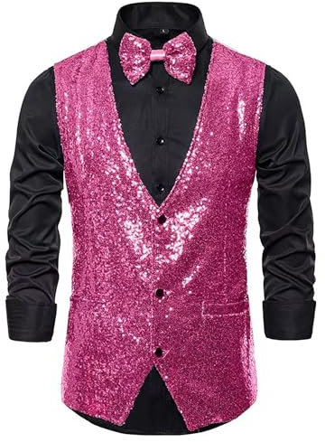 SRZYMJ Glitzer Anzugweste für Herren, Weste Herren Pailletten 70er Anzugweste Glitzer Businessweste Gilet Disco Karneval Kostüm Party Tanzkostüm Rave Outfit Mantel Festliches Paillettenweste Rot XXL