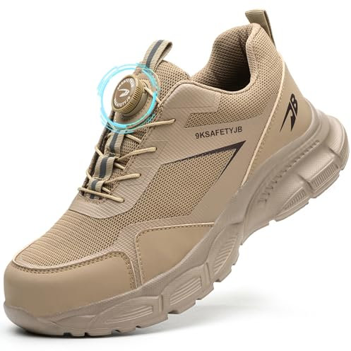 GUDECIUS Zapatos de Seguridad para Hombre Mujer Ligeros Calzado Trabajo Zapatillas de Seguridad con Punta de Acero Comodo Calzado de Seguridad Transpirable Antideslizante Caqui 44 EU