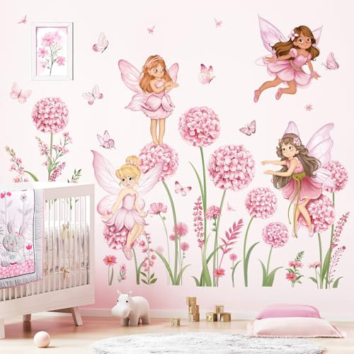 decalmile Wandsticker Mädchen Blumen Fee Wandtattoo Löwenzahn Rosa Schmetterling Elfen Wandaufkleber Kinderzimmer Babyzimmer Wohnzimmer Wanddeko