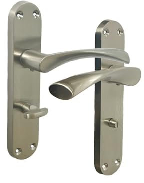 Satin Nickel Twist Bathroom Door Handle Set – Interior Latch Lever on Long Backplate (1 Pair of Handles)