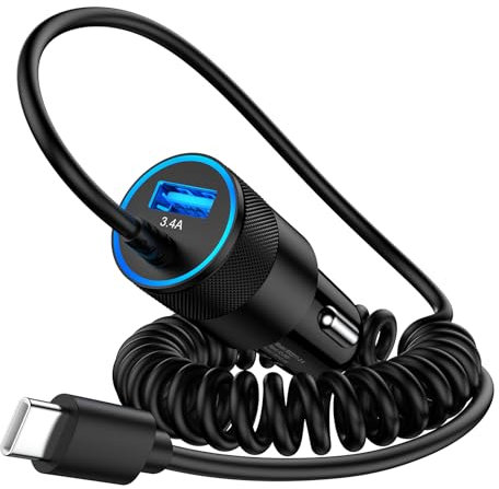 Upgrade 3.4A Zigarettenanzünder USB C Adapter, 2 Häfen USB-C Kfz-Ladegerät mit 1.2M Schnell Spiral Typ C Kabel, Auto ladegerät für iPhone 16/15, Samsung S25/S24/S23/S21/A55/A16/Z Fold6/Z Flip5 usw