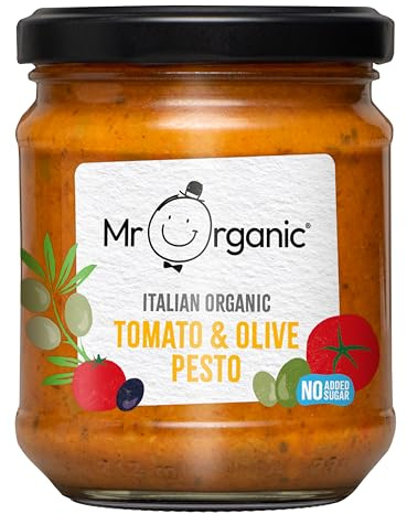 Mr Organic - Organic NAS Tomato & Olive Pesto 190g - Non GMO & Preservative Free - Gluten Free & Vegan - No Added Sugar
