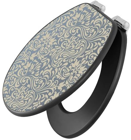 banjado Toilettendeckel anthrazit mit Absenkautomatik/WC Sitz mit Absenkautomatik anthrazit/Klodeckel grau/Toilettensitz dunkel/edle Klobrille - Motiv Blaues Ornament