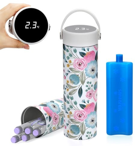 YOUSHARES Pochette Isotherme Insuline, 48H Bouteille Isotherme Stylo d'Insuline Voyage Affichage de Température avec Glacière, Boîte Réfrigérée Transport Médicament pour Diabétique, Fleur Aquarelle