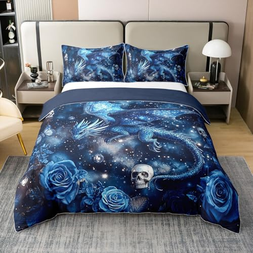 Fantasy Dragon 100% Baumwolle Bettbezug 220x240 Goth Schädel Bettwäsche Set Schwarz Blau Sternenhimmel Weltraum Tröster Abdeckung Schmetterling Träumige Blumen Bequeme Mysteriöse Wildtiere Bett Set