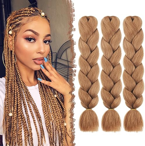 FESHFEN Haare zum Einflechten - 3 Stücke Hellbraun Braids Extensions Zopf Kanekalon Kunsthaar Braiding Haarverlängerung Karneval Haar Extension für Damen, 60 cm