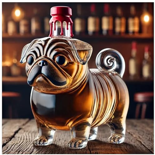 JSvsza Pug-Shaped Whiskey Decanter, 280ml Novelty Handmade Glass Wine Bottle Funny Animal-Themed Barware, for Bar Home Office Decoration Animal Whiskey Glass Shaker, B