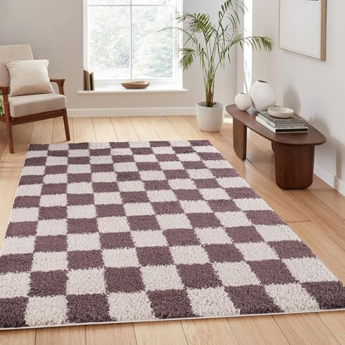 Chester Checkered Soft Shaggy Living Room Area Rug, Lilac, 120x170cm