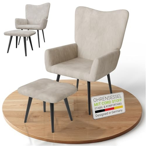 Juskys Fauteuil à Oreilles Odense avec Repose-Pieds, Fauteuil Relax en Velours côtelé, Style scandinave, Dossier Haut & rembourré, Structure en Acier – Beige