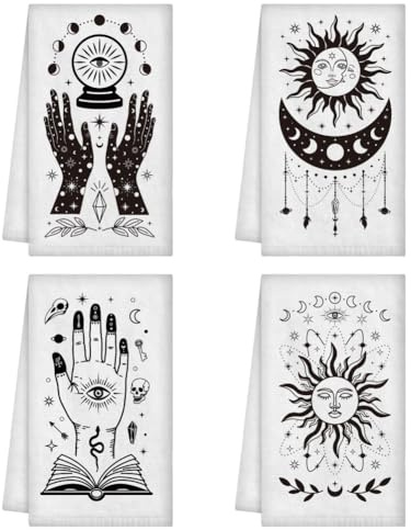 WADORN 4 Stile Halloween Gothic Divination Handtücher, Lustige Hexenhafte Tarot Geschirrtücher Mit Mondphasen Sonne Weich Saugfähig Küchen Geschirrtücher Zum Kochen Backen 60x40cm
