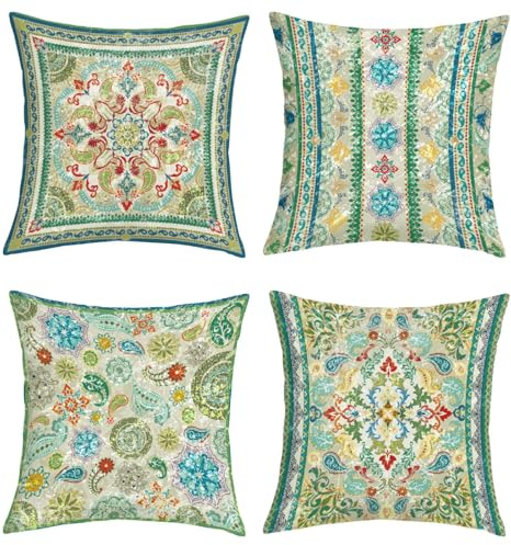 Joymaison Kissenbezüge 45x45 4er Set Boho Vintage Grün Mandala Blumen | Deko Kissenhülle Bohemian Marokkanische Abstrakte Moderne Paisley Blumen Dekorative Kissenbezug Kissen für Couch Sofa