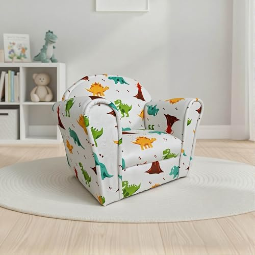 Kidsaw Kids Dinosaur Themed Children's Armchair Toddler Chair - Wood Frame - Thick Padding - Soft Upholstered Toddler Seating for Bedroom or Playroom (Dinosaur Light Grey)