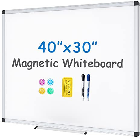 VIZ-PRO Magnetic Whiteboard for Wall 100 x 80 cm, Dry Erase White Board with 2 Markers, Pen Tray & Silver Aluminium Frame, Writing Board for School Office Home