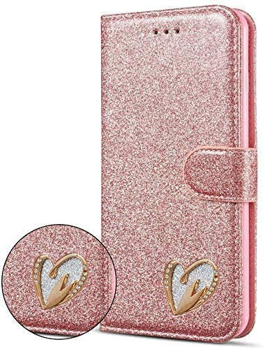 DN-Technology iPhone SE Case (3rd Gen 2022) iPhone SE 2020 Case iPhone SE 3 Phone Case Heart Diamond Designer Leather Wallet For Women Phone Cover for iPhone SE 3 2022/SE 2020/8/7 (ROSE GOLD)