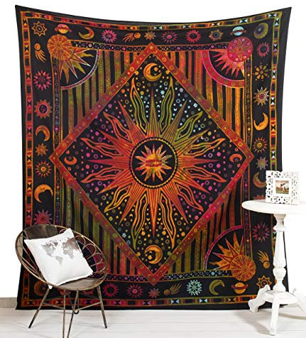 Popular Handicrafts Wandbehang für Schlafzimmer, brennende Sonne und Mond, Hippie-Meditation, Boho-Hippie-Design, psychedelisches Design, indische Wandteppiche, Tagesdecke, 215 x 230 cm
