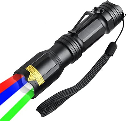Linterna Táctica LED 2000 Lumen con Luz Roja Verde Azul y Blanco, 4 Colores en 1 Linterna con Zoom, Multifuncional, Impermeable para Visión Nocturna, Pesca, Camping, Caza