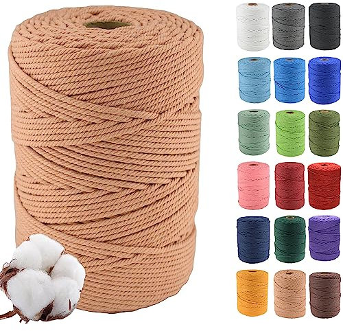 Klhamky 3mm×500m Macrame Cotton Cord, Soft 4 Strand Twisted 100% Natural Cotton for Handmade Wall Hanging, DIY, Craft Making, Knitting, Plant Hangers, Decorative Projects (3mm×500m, Brick red)