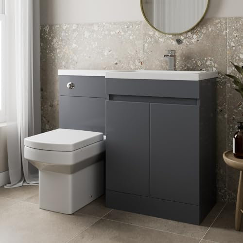 Artis® Centro 1100mm Combination Vanity Unit Furniture Set, Wash Basin Bathroom Sink, BTW Toilet WC Pan & Soft Close Seat, L Shaped Storage Cabinet, Right Hand, Grey Gloss
