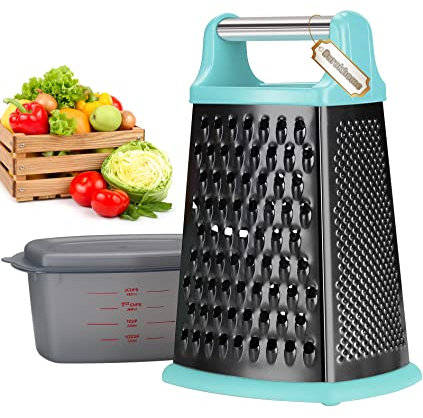Ourokhome Cheese Grater with Handle, Stainless Steel Box Grater, 4 Side Kitchen Vegetable Shredder Slicer Zester with Container for Parmesan, Cabbage, Ginger, Lemon, Chocolate, Coconut (Teal black)