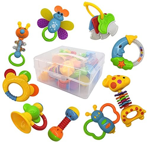 fiouni Baby Rassel Beißring Spielzeug Set Babys Erste Rasseln Babys Erstes Spielzeug Geschenkset für Säuglinge Neugeborenes Baby Jungen Mädchen 3 6 9 Monate 11 Stück (Blau)