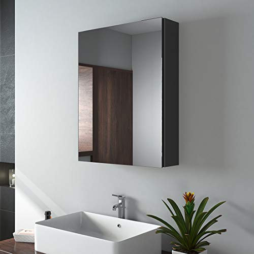 EMKE Bathroom Mirror Cabinet Single Door - Wall Mounted Bathroom Cabinet Storage Cupboard with Adjustable Shelf, Waterproof Bathroom Wall Storage Cabinets, Black 50L x 65H x 14.5D cm