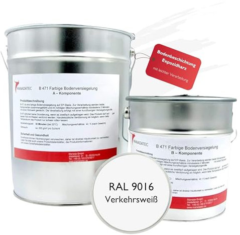 MANADATEC 2k Epoxidharz Bodenbeschichtung 5kg I RAL 9016 Verkehrsweiß I Lösemittelfrei, Umweltfreundlich & Geruchsneutral I Beschichtung für Garagen- & Kellerböden I Hohe Schlagfestigkeit