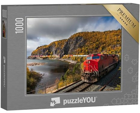 puzzleYOU: Puzzle 1000 Teile „EIN Güterzug transportiert Frachtcontainer durch die Landschaft“ – aus der Puzzle-Kollektion Eisenbahn, Lokomotive