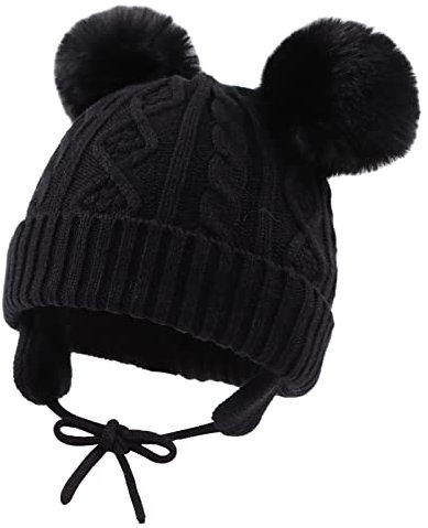 XIAOHAWANG Baby Mädchen Mütze Strickmütze Winter Hut Warme Wintermütze Doppelpompon für Unisex Baby (6-24 Monate, Schwarz)