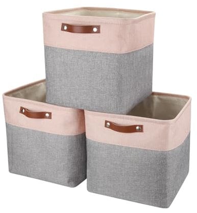 Mangata Kallax Storage Boxes, Set of 3 Fabric Storage Cubes with Handles(33x38x33cm, Grey Pink)