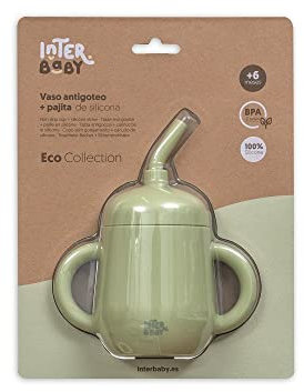 Interbaby - Vaso Aprendizaje Bebe Antigoteo | Vaso Antiderrame Bebe Silicona, Dos Asas, +6 Meses | Vaso con Pajita Niños, Cómodo, Evolutivo, Sin BPA | Verde Oliva
