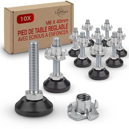 LouMaxx Pieds réglables M8 x 45 mm avec écrou à enfoncer - Lot de 10 - Vis de réglage - Pieds réglables en hauteur - Pied à visser - Pieds à vis réglables en hauteur - Pieds réglables en hauteur -