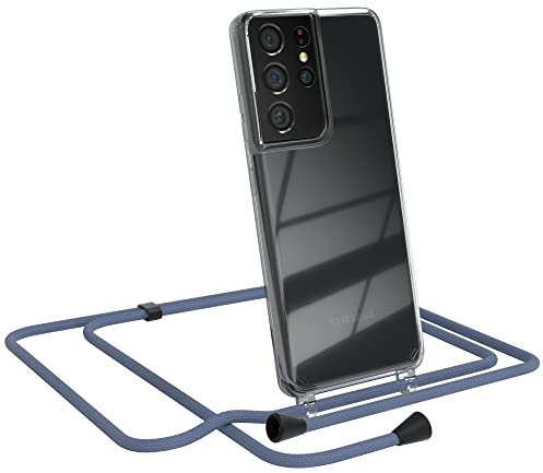 EAZY CASE Handykette kompatibel mit Samsung Galaxy S21 Ultra 5G Handyhülle mit Umhängeband, Handykordel mit Schutzhülle, Silikonhülle, Hülle mit Band, Kette mit Hülle, EIS Blau - Clips Schwarz