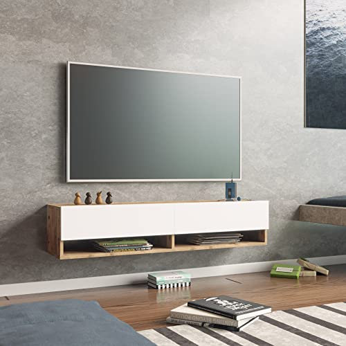 Meuble TV à 2 Portes Meuble de Rangement Design pour Salon avec 2 Espaces de Stockage Panneau de Particules Mélaminé 30 x 140 x 32 cm Effet Chêne Rustique Blanc