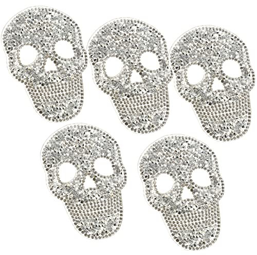 Strass- -Applikation, 5 Stück, -Strass-Flicken, zum Aufbügeln, Kristallschädel-Applikation, Reparaturflicken für DIY-Kleidung, Verzierung, Kleid, Hosen, Jeans, Hüte, Silber