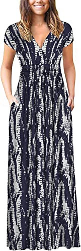 DEARCASE Robe décontractée femme, col en V, manches courtes/longue, motif floral, maxi robe longue avec poches, M