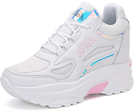 AONEGOLD Baskets Femme Compensées Chaussure de Sport Gym Fitness Plateforme Mode Léger Sneakers Outdoor Casual Chaussures Respirant Basket a Talon Compensé 7.5CM(Blanc Rose,Taille 39)