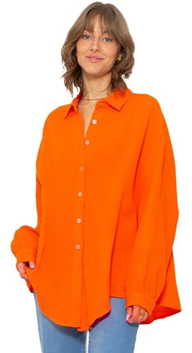 SASSYCLASSY Oversize Musselin Bluse Damen Langarm - Oversized Freizeit Look - Hemdbluse lang aus Baumwolle mit V Ausschnitt - Long-Bluse One Size (Gr. 36-48) Orange
