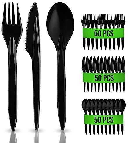 Rago® Kit Couvert en Plastique Réutilisables 150 pcs I PREMIUM Ensemble de camping Outdoor Couverts de fête réutilisables - Noir - 50 Fourchettes/50 Couteaux/50 Cuillères