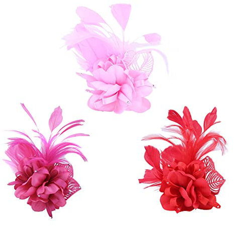 Brosche Damen Feder, Morechioce 3 Stück Vintage Fasanenfeder-Brosche Elegant Feder Ansteckbrosche Damen Brosche Hutfeder Trachten-Anstecker Kleidung Dekoration für Party Bankett Hochzeit,Rosa Rot