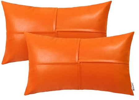 BRAWARM Lendenkissenbezüge aus Kunstleder, 30,5 x 50,8 cm, orangefarbenes Leder, handgenäht, dekoratives Dekokissen für Couch, Sofa, Bett, Wohnzimmer, Zuhause, Garten, 30,5 x 50,8 cm, 2 Stück