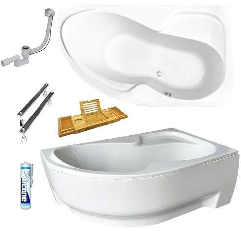 ECOLAM Badewanne WELA 170x100 cm rechts Schürze | Wanne mit Bambusablage Wannenbrücke | Eckwanne Eckbadewanne Antirutsch + Ablaufgarnitur Füße Silikon Komplett-Set Acryl weiß