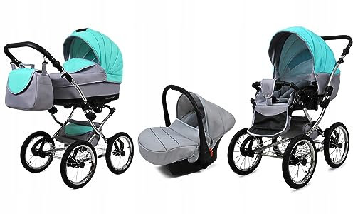 BabyLux® Bambimo Kinderwagen Set 3 in 1 - Margaret Exclusive - incl. Babywanne, Buggy Sportsitz, Auto-Babyschale - Autositz - Kinderwagenset - Kombikinderwagen mit Wickeltasche, Regenschutz usw.